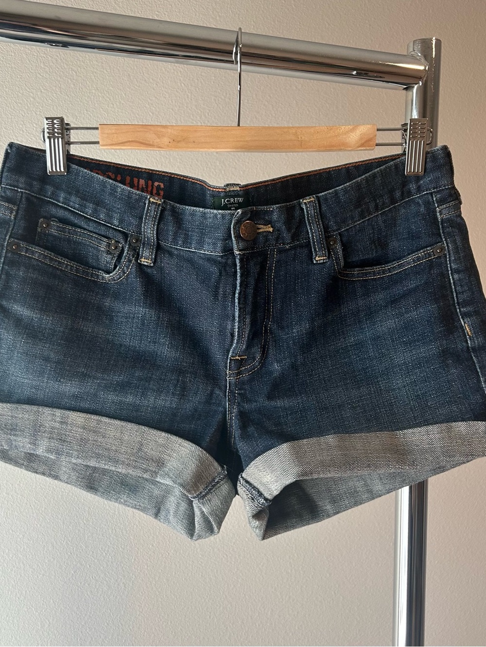 J. Crew Hipslung Shorts Size 8  Dark Wash Denim Roll-Cuff GUC